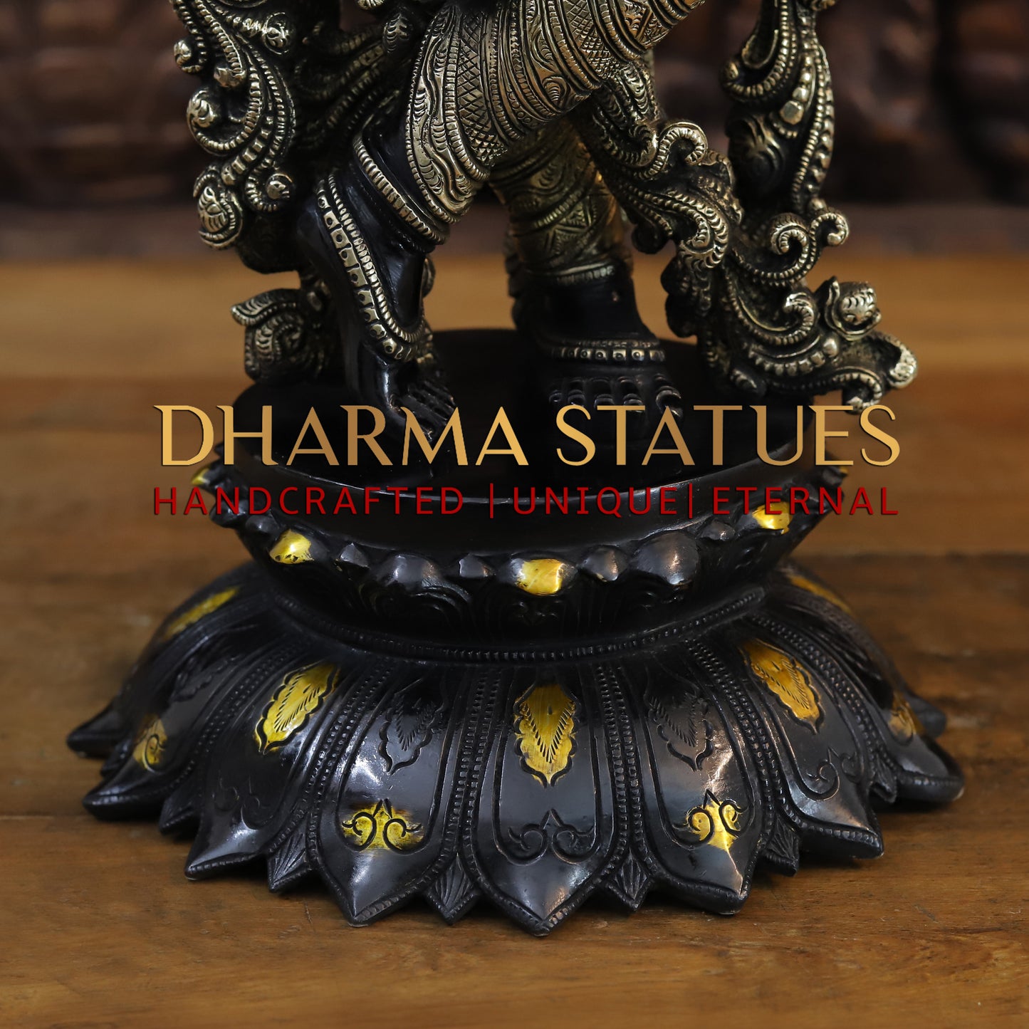 Brass Krishna Playing Flute, Black Patina & Fine Golden Finish, 27"