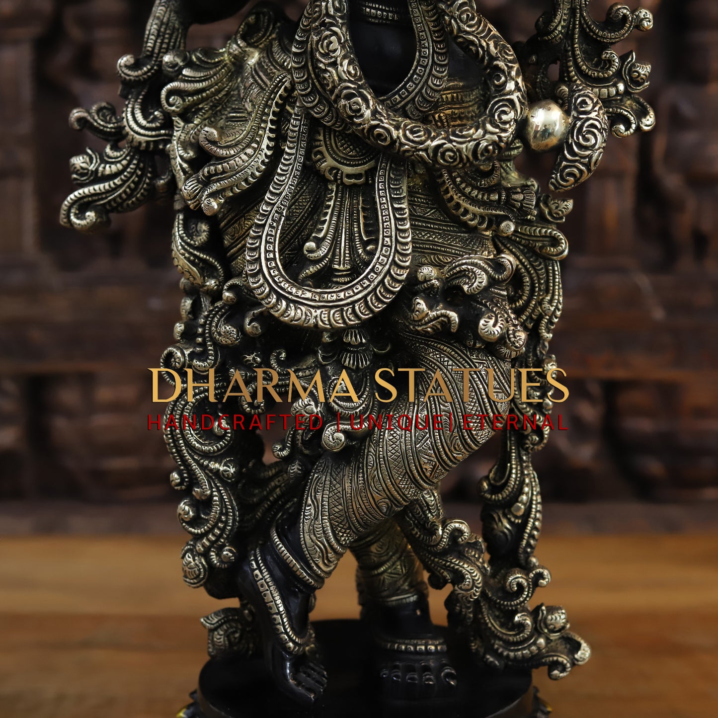 Brass Krishna Playing Flute, Black Patina & Fine Golden Finish, 27"