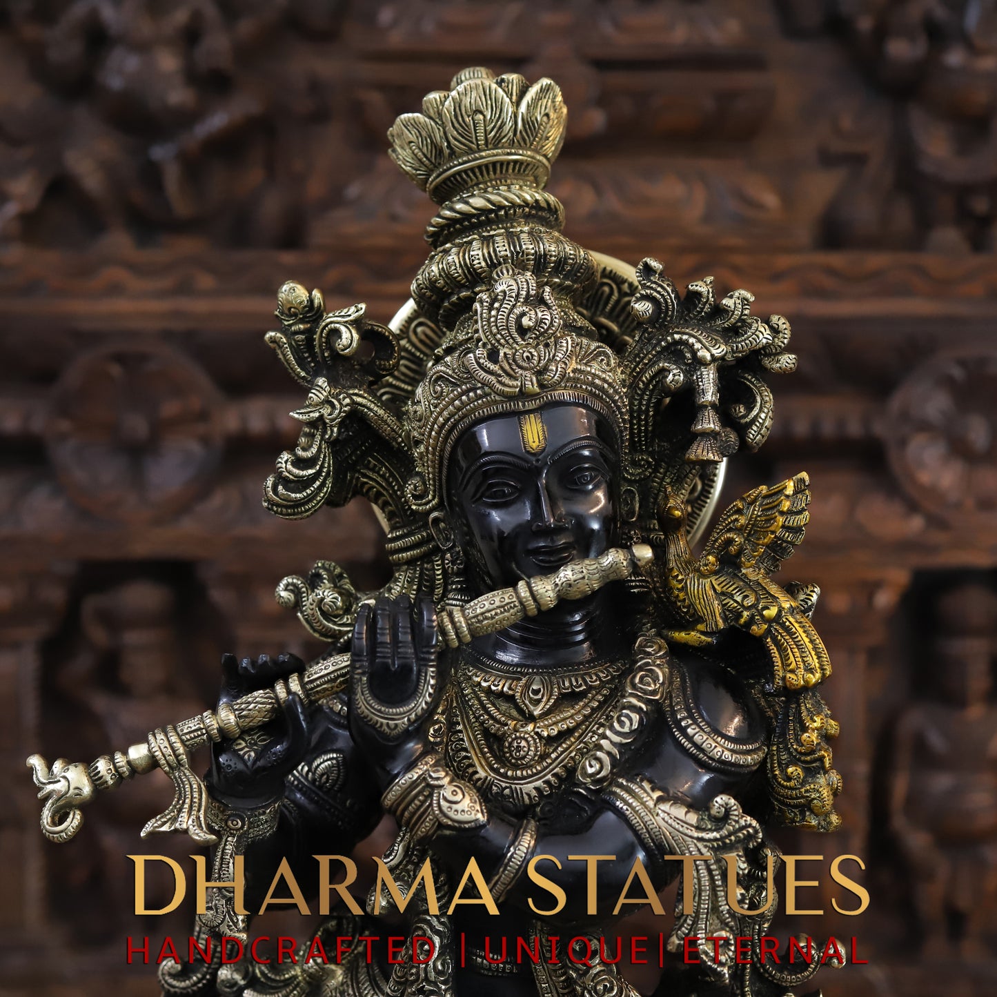 Brass Krishna Playing Flute, Black Patina & Fine Golden Finish, 27"