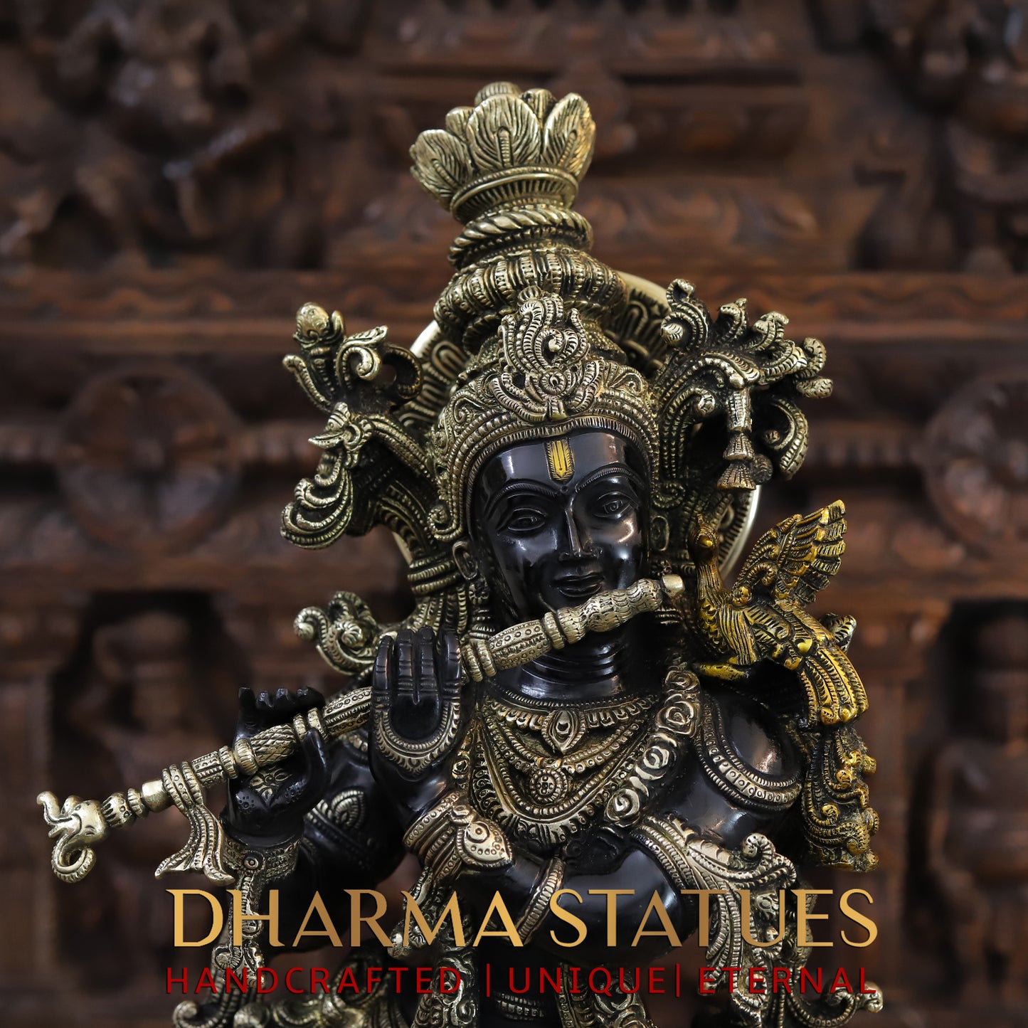 Brass Krishna Playing Flute, Black Patina & Fine Golden Finish, 27"