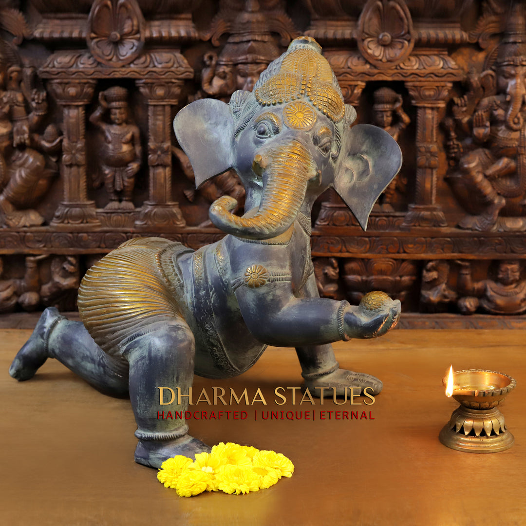 Brass Baby Ganesh Crawling Green finish 20.5"