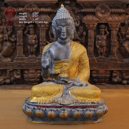 Brass Buddha seated in Blessing Posture, Black Patina & Golden Finish, 22"