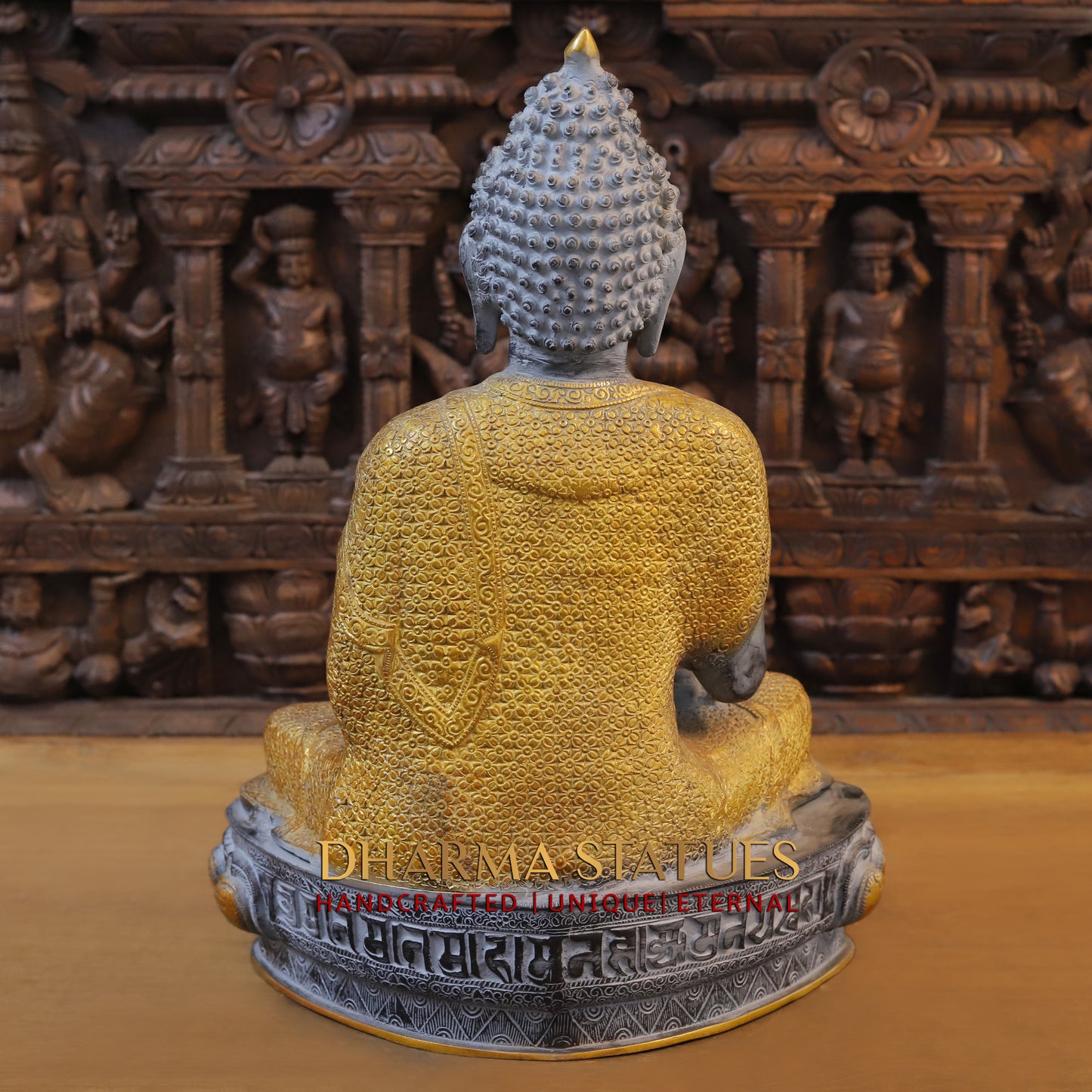 Brass Buddha seated in Blessing Posture, Black Patina & Golden Finish, 22"