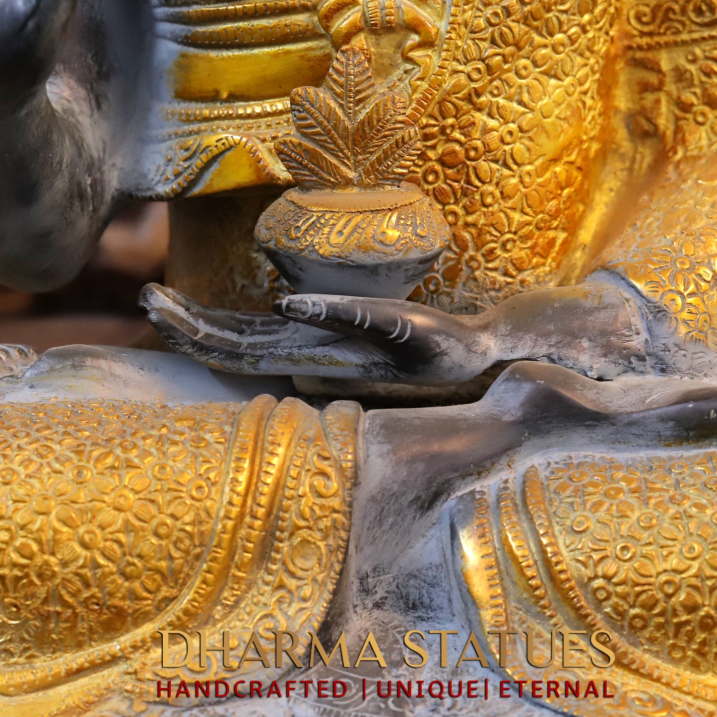 Brass Buddha seated in Blessing Posture, Black Patina & Golden Finish, 22"