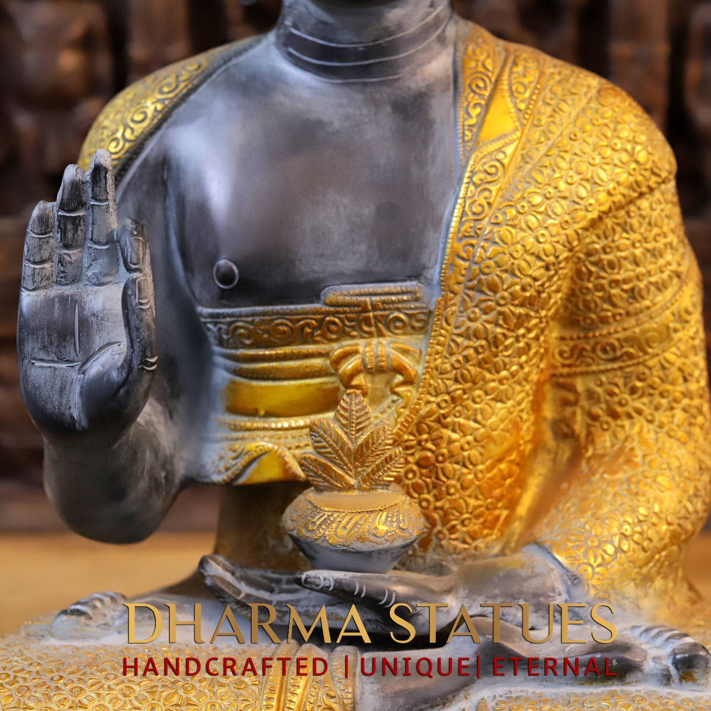 Brass Buddha seated in Blessing Posture, Black Patina & Golden Finish, 22"