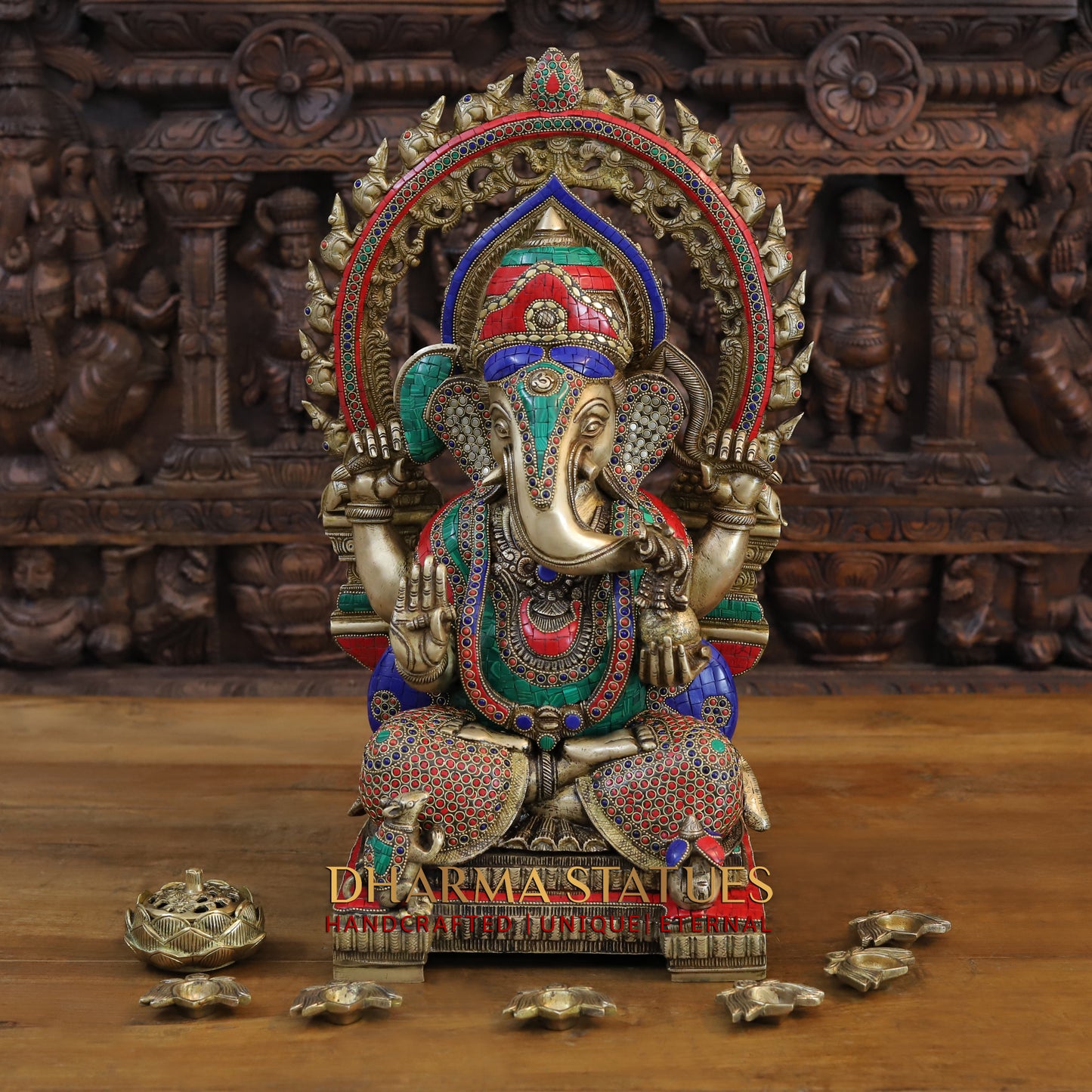 Brass Ganesh seated on Throne, Golden & Stonework, 21.5"