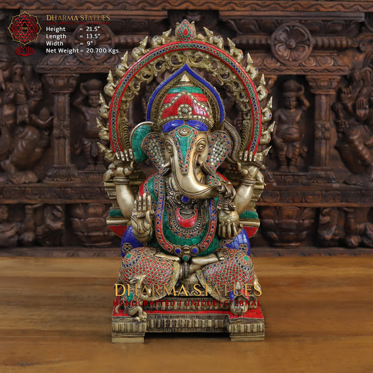 Brass Ganesh seated on Throne, Golden & Stonework, 21.5"