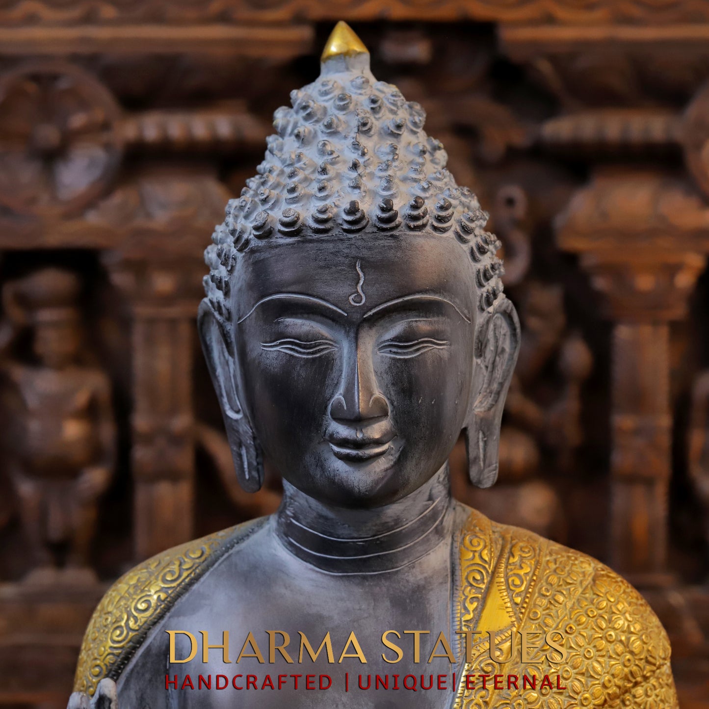 Brass Buddha seated in Blessing Posture, Black Patina & Golden Finish, 22"