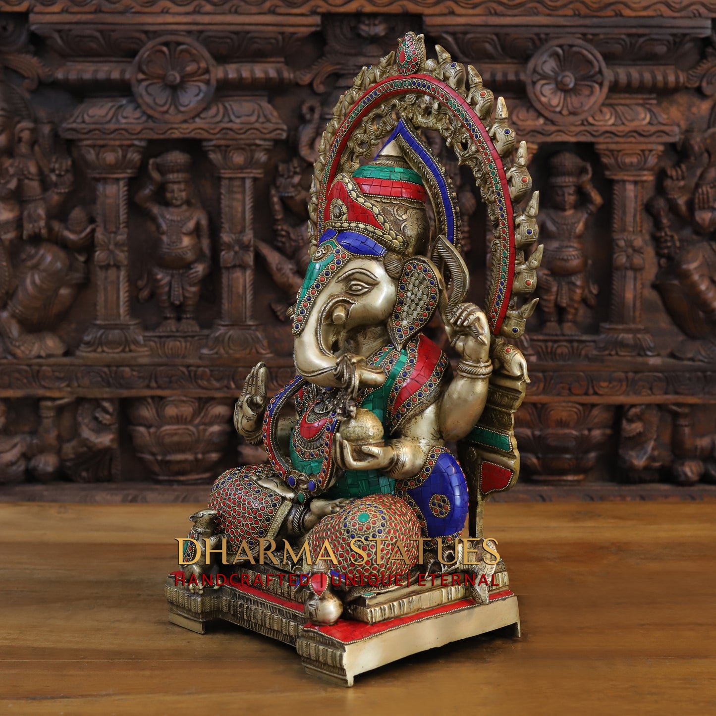 Brass Ganesh seated on Throne, Golden & Stonework, 21.5"