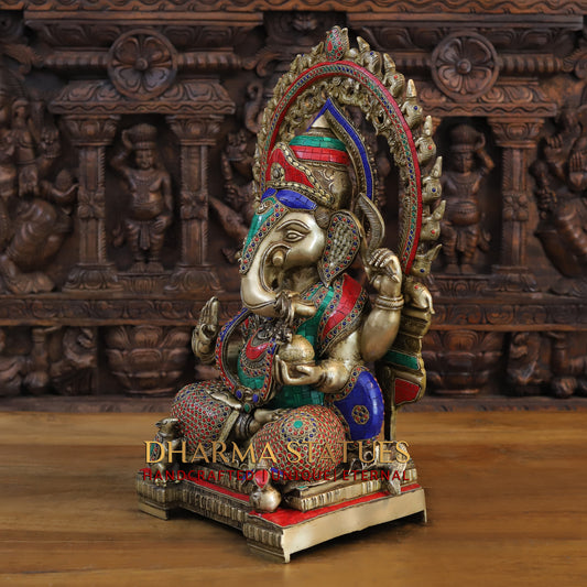 Brass Ganesh seated on Throne, Golden & Stonework, 21.5"