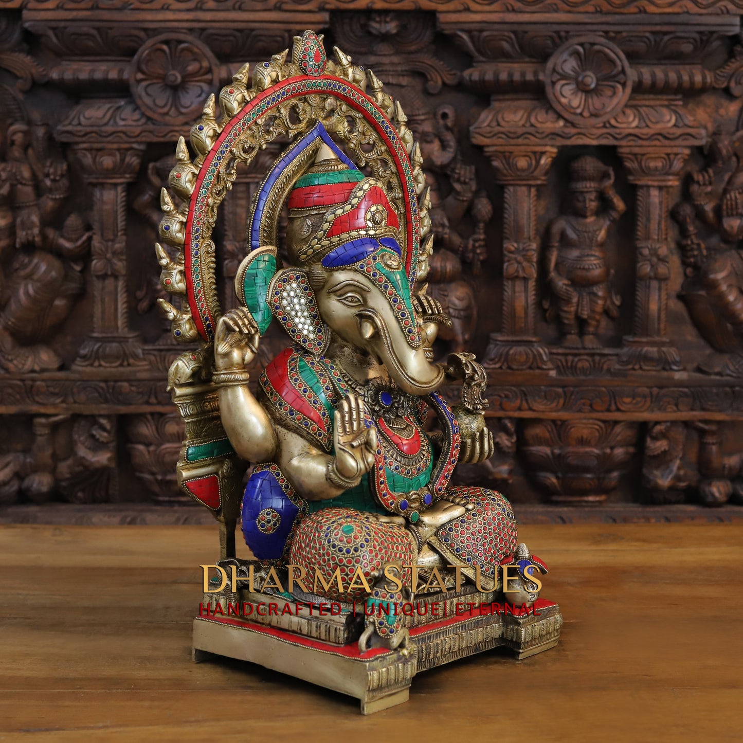Brass Ganesh seated on Throne, Golden & Stonework, 21.5"