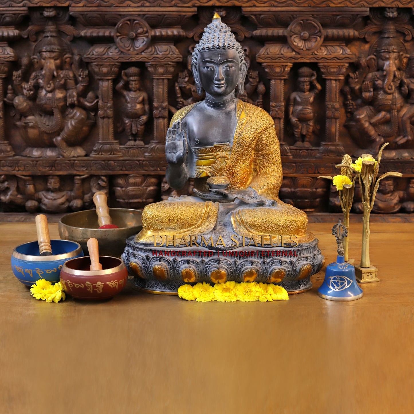 Brass Buddha seated in Blessing Posture, Black Patina & Golden Finish, 22"