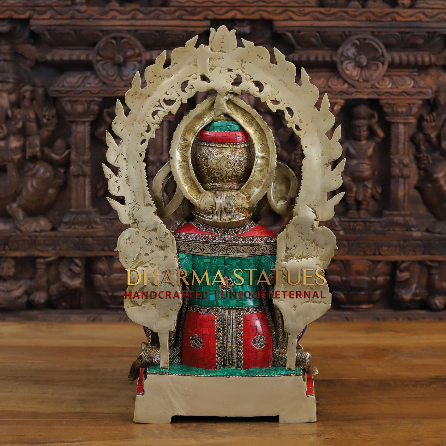 Brass Ganesh seated on Throne, Golden & Stonework, 21.5"
