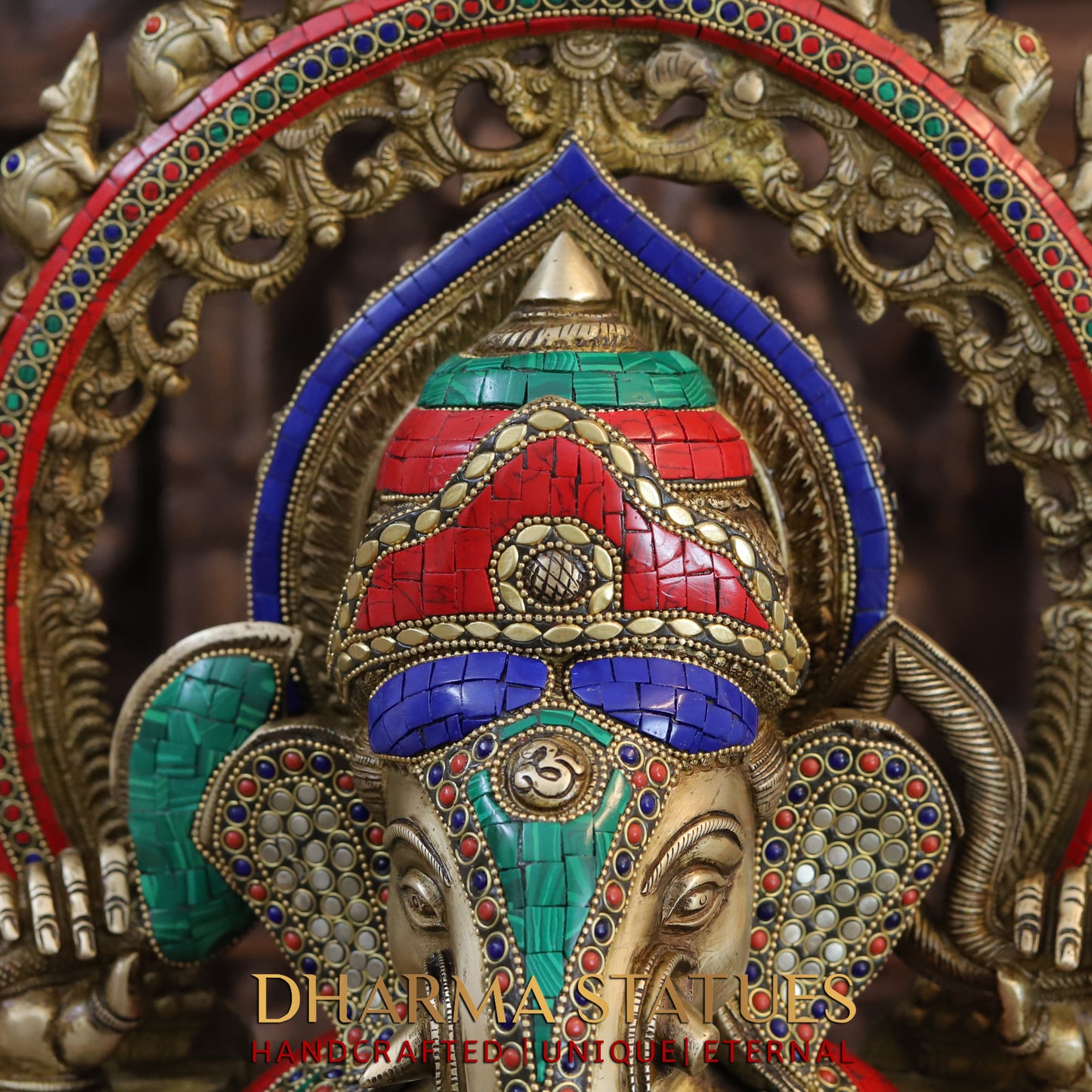 Brass Ganesh seated on Throne, Golden & Stonework, 21.5"