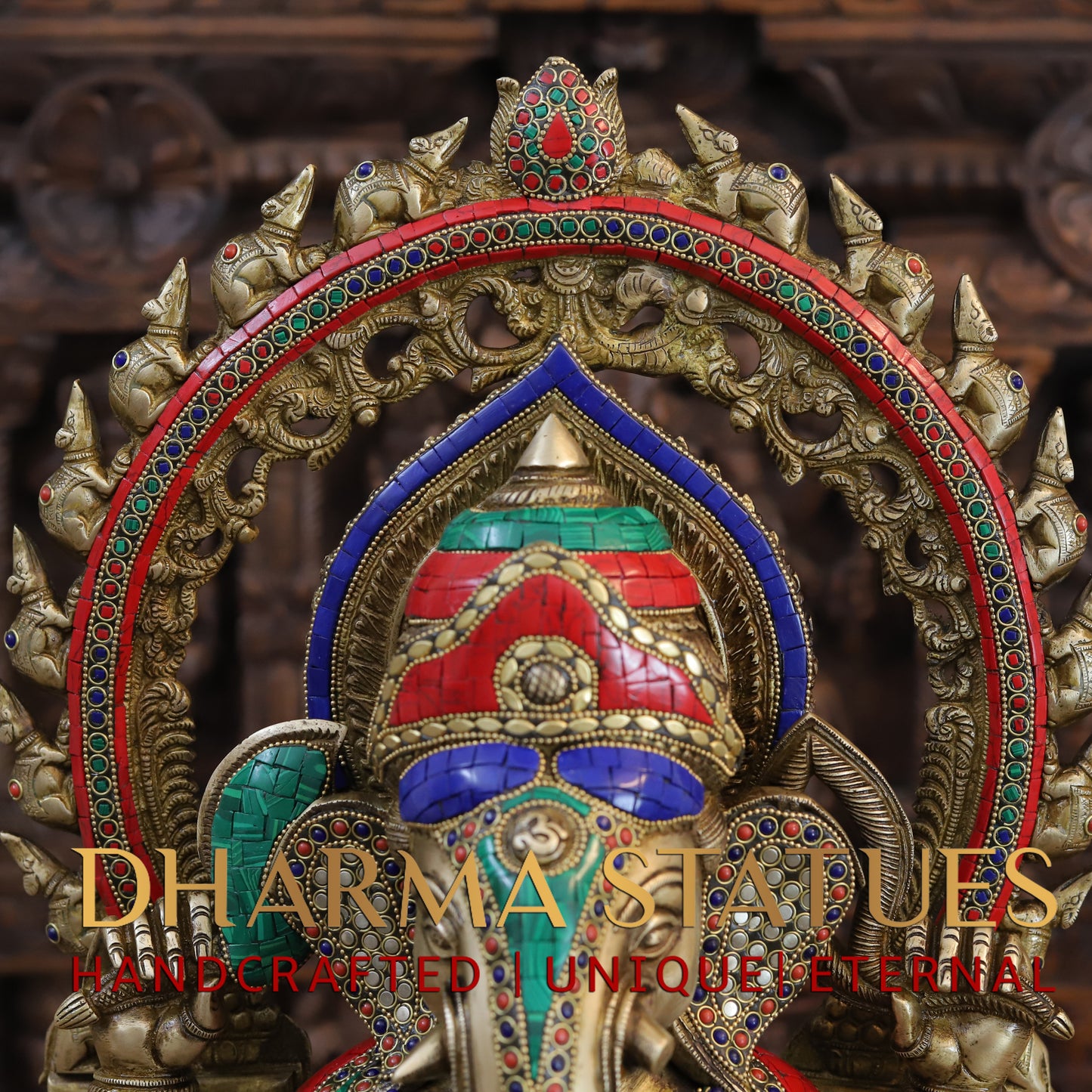 Brass Ganesh seated on Throne, Golden & Stonework, 21.5"