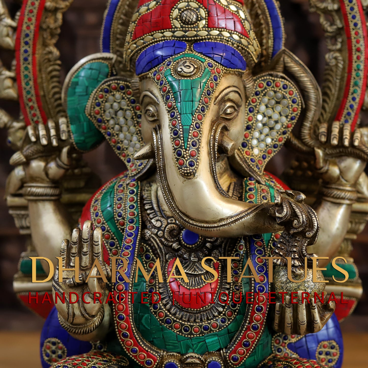 Brass Ganesh seated on Throne, Golden & Stonework, 21.5"