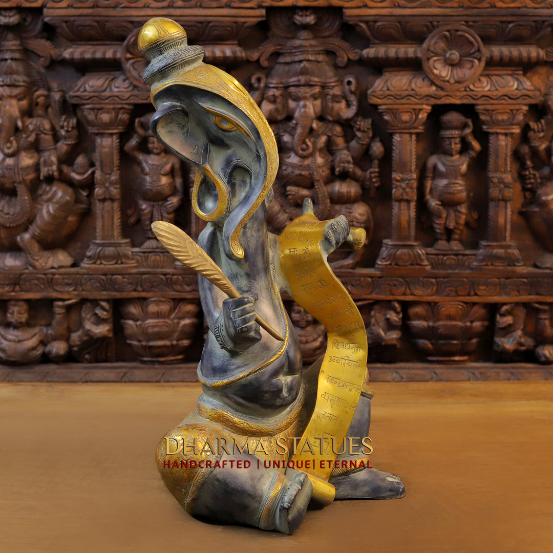 Brass Ganesh Sitting Writing Ramayan In Modern Avtar, Stone Finish, 22"