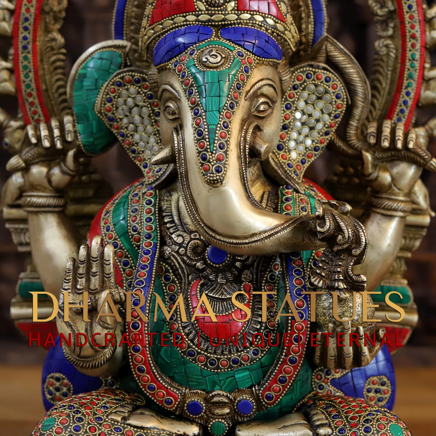 Brass Ganesh seated on Throne, Golden & Stonework, 21.5"