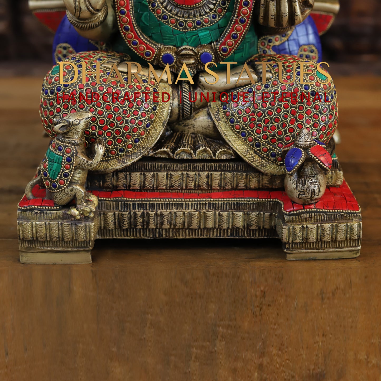 Brass Ganesh seated on Throne, Golden & Stonework, 21.5"