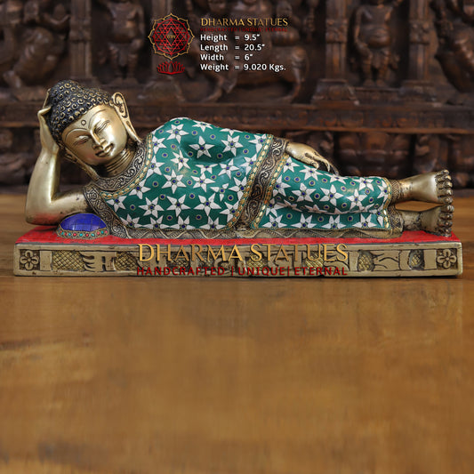 Brass Buddha in Resting Posture, Golden Finish & Stonework, 9.5"