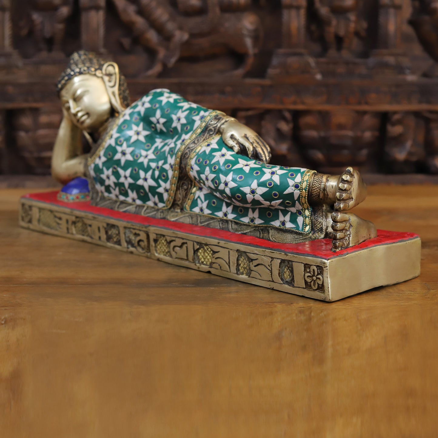 Brass Buddha in Resting Posture, Golden Finish & Stonework, 9.5"