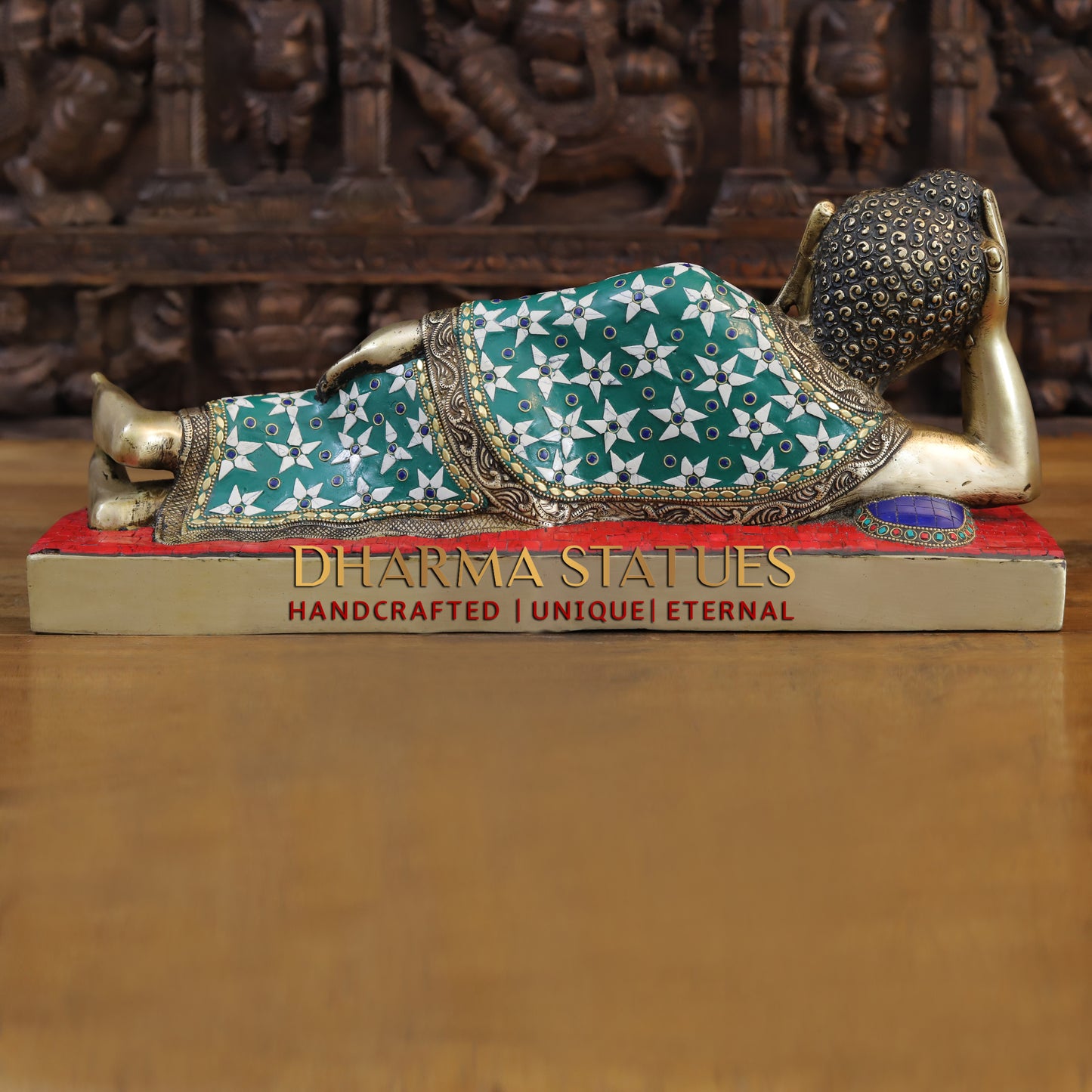 Brass Buddha in Resting Posture, Golden Finish & Stonework, 9.5"