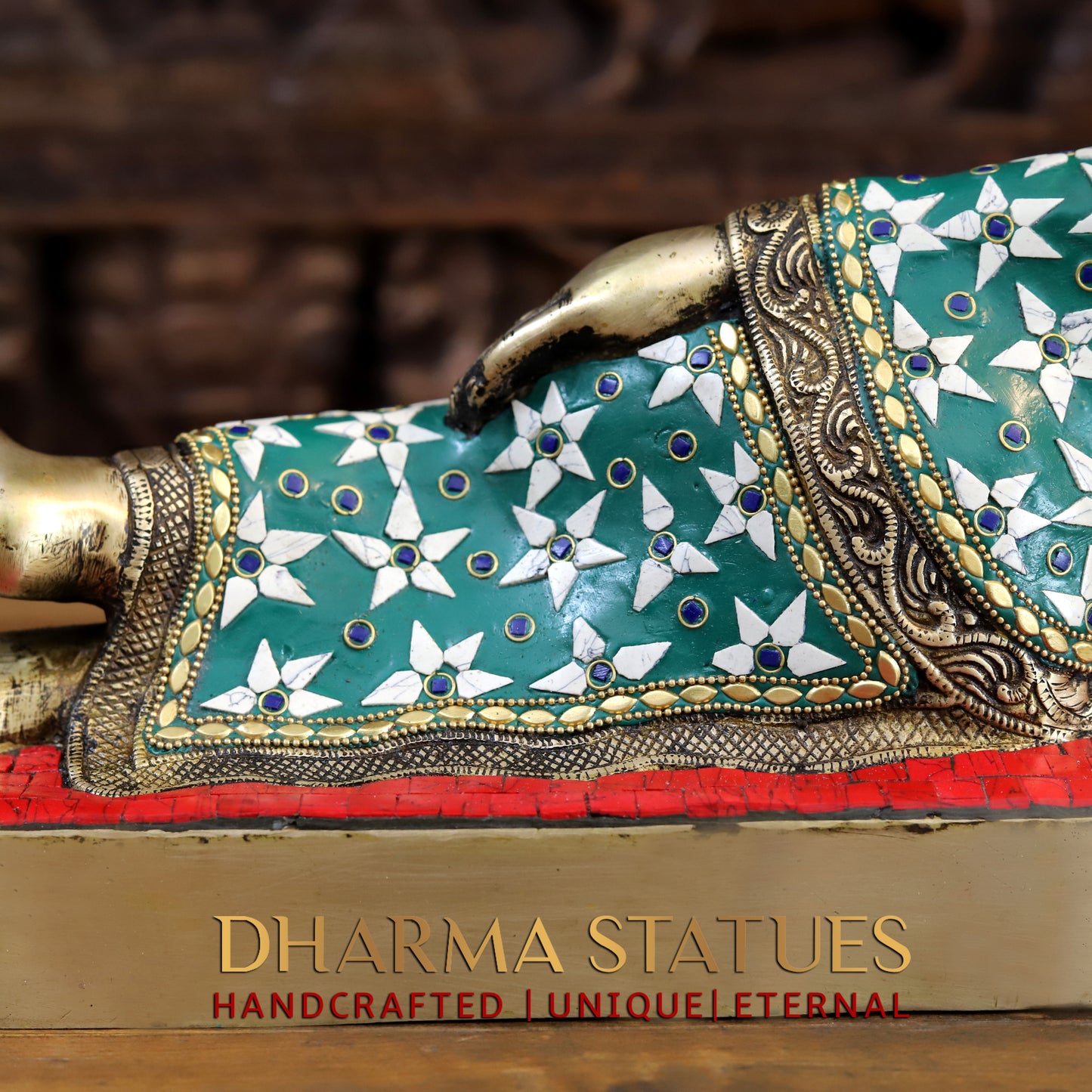 Brass Buddha in Resting Posture, Golden Finish & Stonework, 9.5"