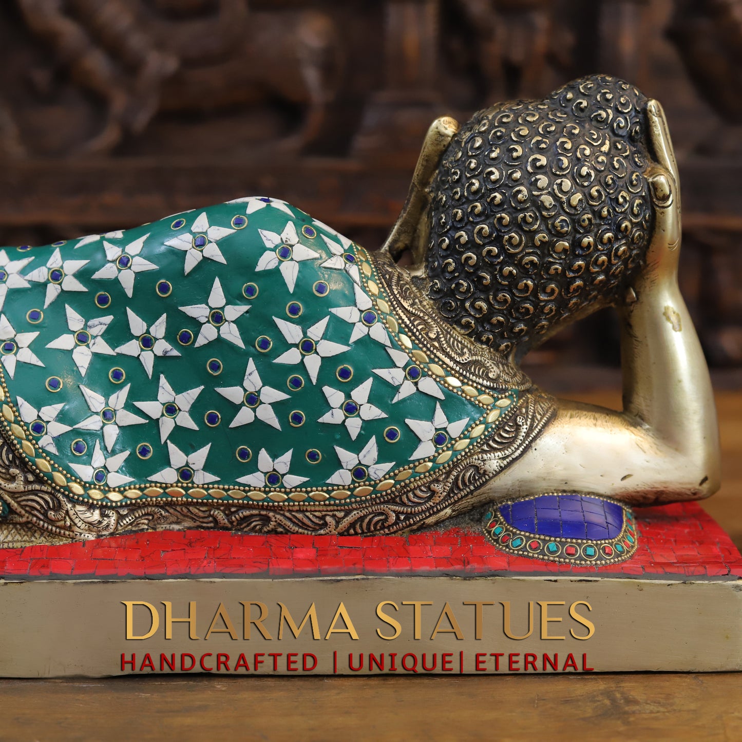 Brass Buddha in Resting Posture, Golden Finish & Stonework, 9.5"