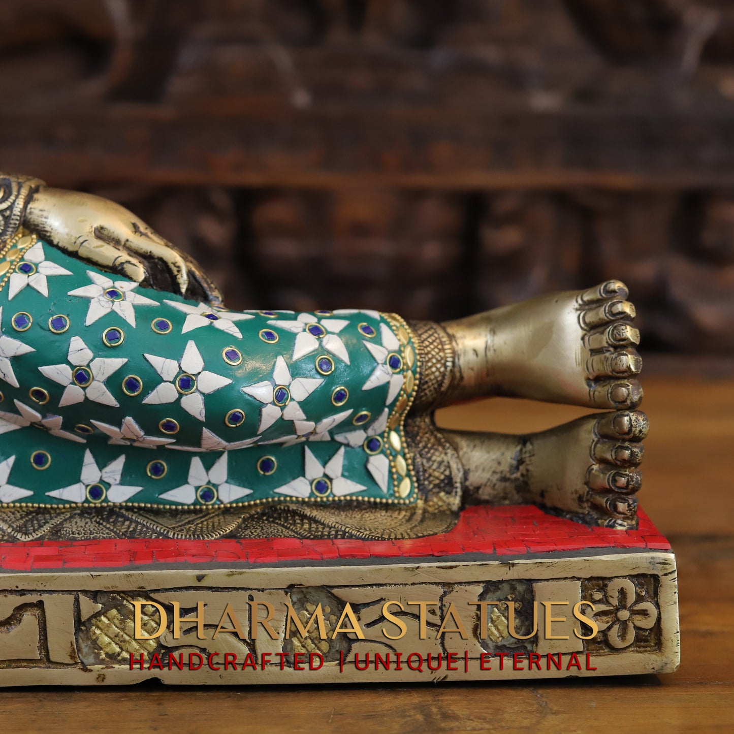Brass Buddha in Resting Posture, Golden Finish & Stonework, 9.5"