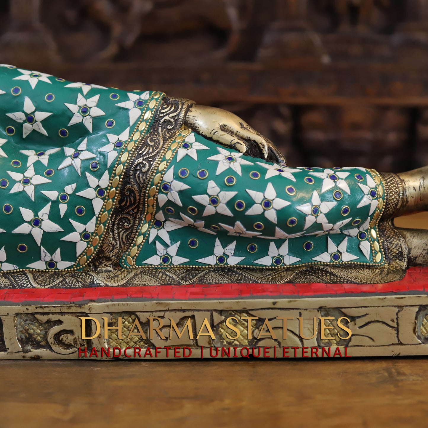 Brass Buddha in Resting Posture, Golden Finish & Stonework, 9.5"