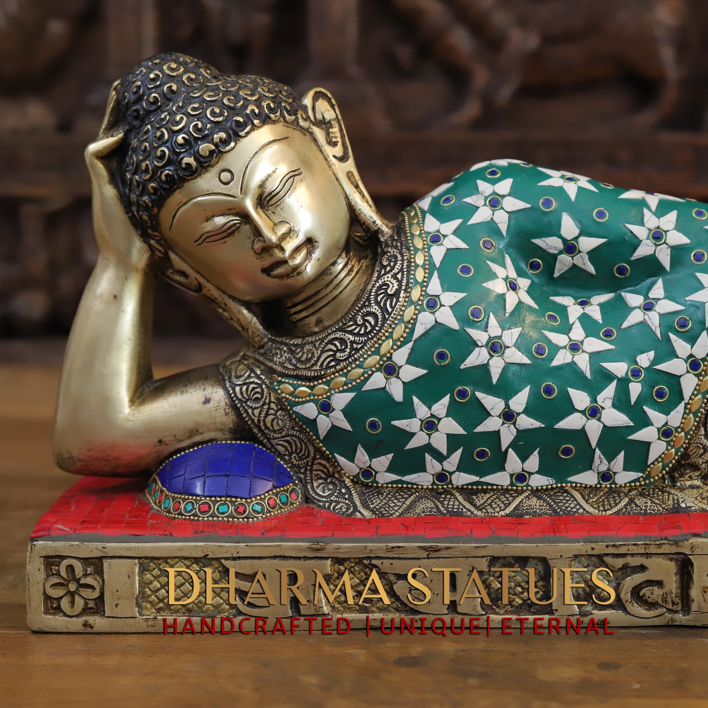 Brass Buddha in Resting Posture, Golden Finish & Stonework, 9.5"