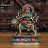 Brass Durga Statue- sitting on a mighty lion, Golden & Stone work 8" Front View