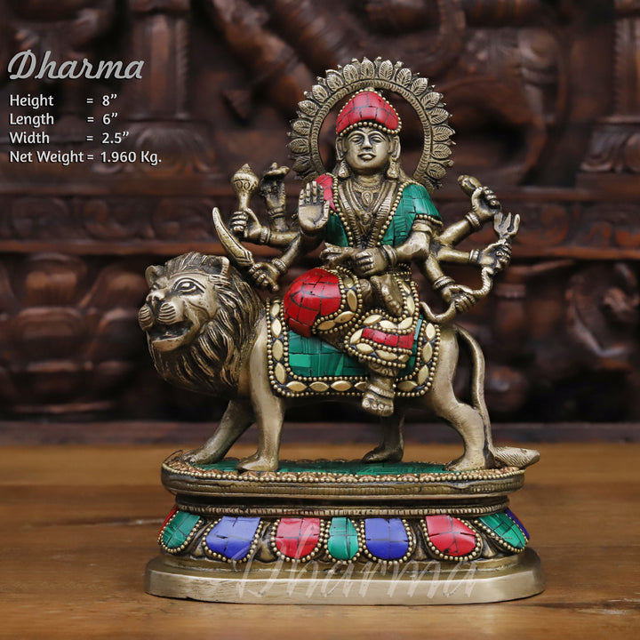 Brass Maa Durga is sitting on a mighty lion, 8"