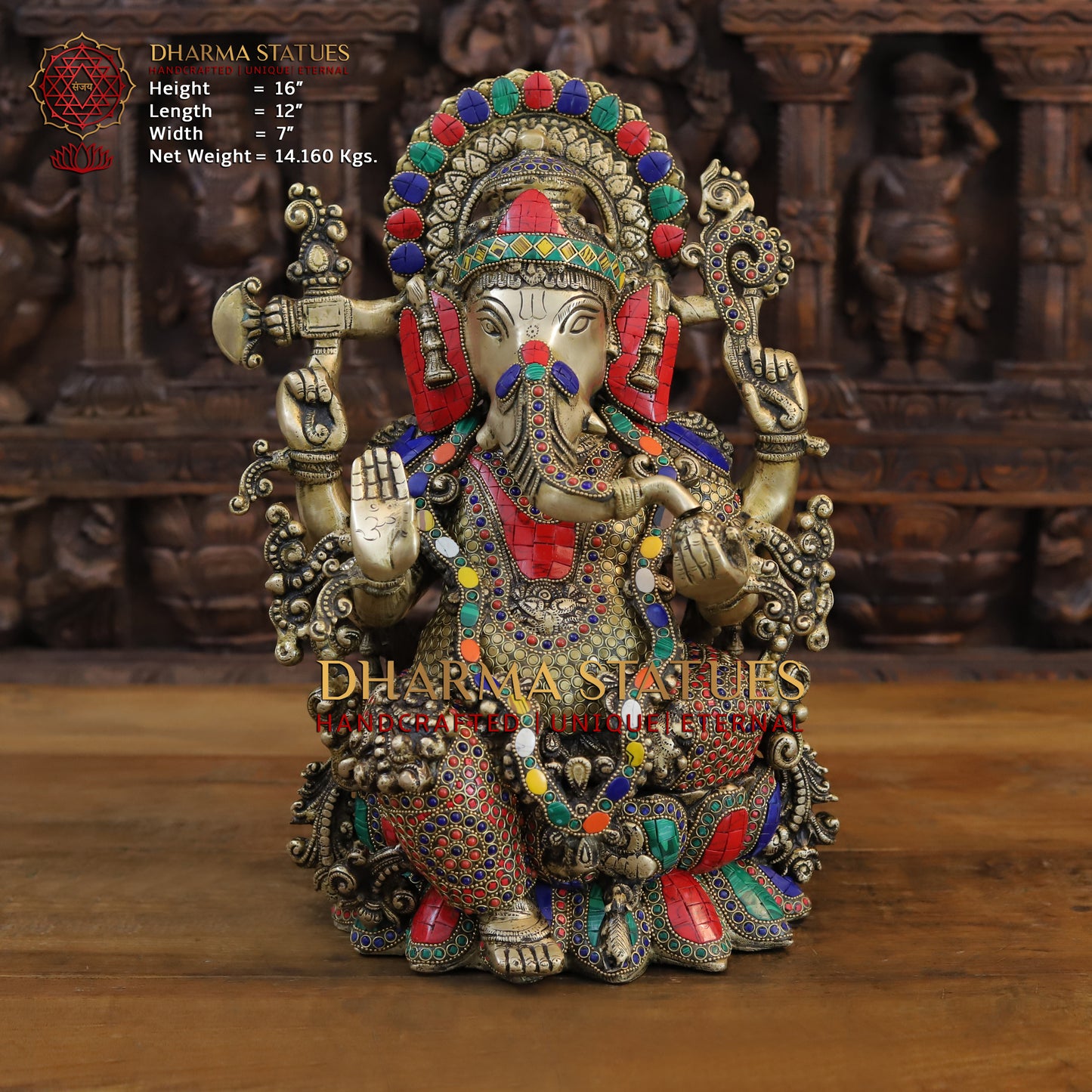 Brass Ganesh seated on Lotus, Blessing Posture, Golden & Stonework, 16"