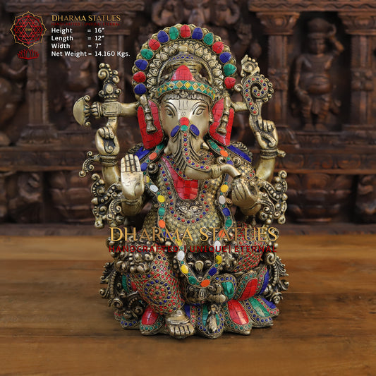 Brass Ganesh seated on Lotus, Blessing Posture, Golden & Stonework, 16"