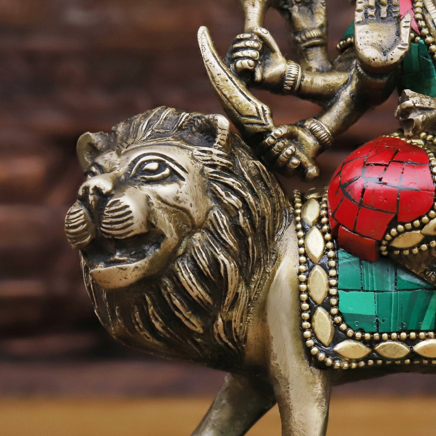 Brass Durga Statue, Seated on a Lion, Stonework with antique Gold Finish, 8"