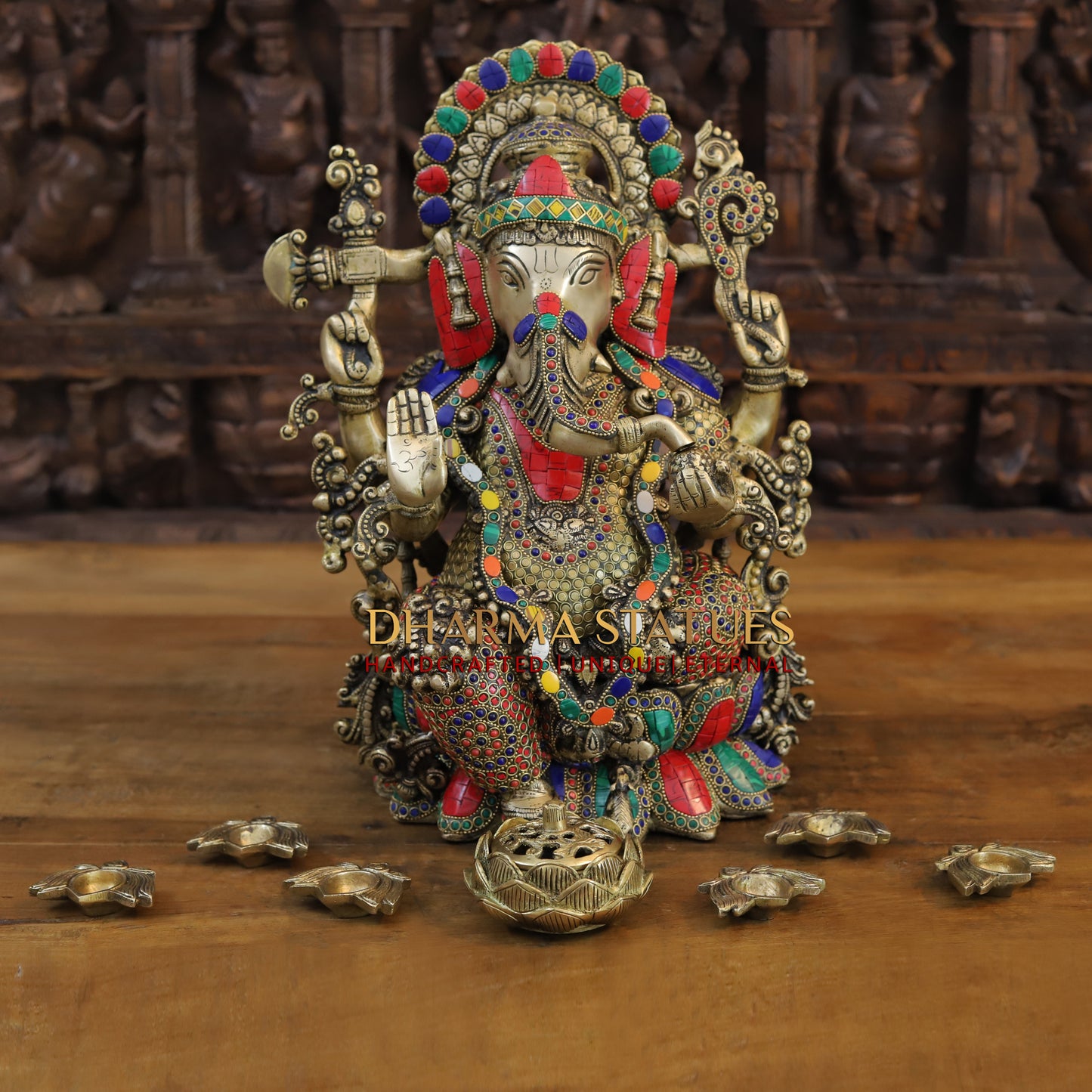 Brass Ganesh seated on Lotus, Blessing Posture, Golden & Stonework, 16"