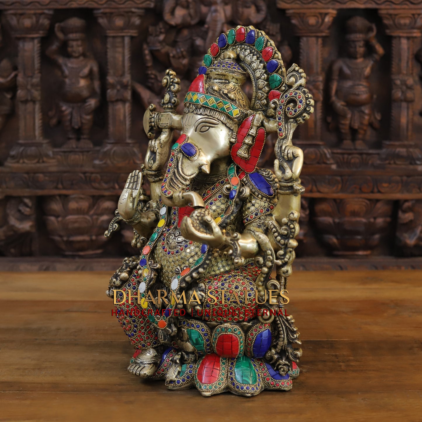 Brass Ganesh seated on Lotus, Blessing Posture, Golden & Stonework, 16"