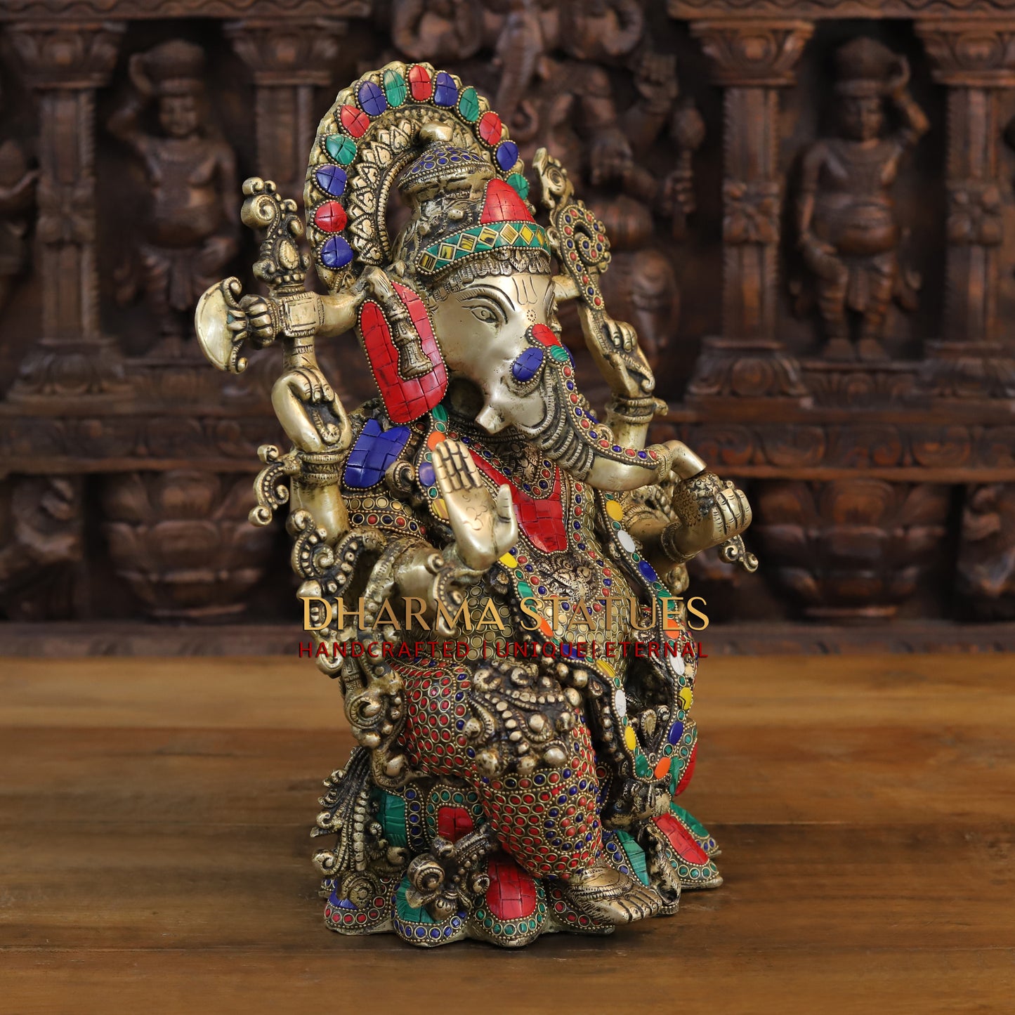 Brass Ganesh seated on Lotus, Blessing Posture, Golden & Stonework, 16"