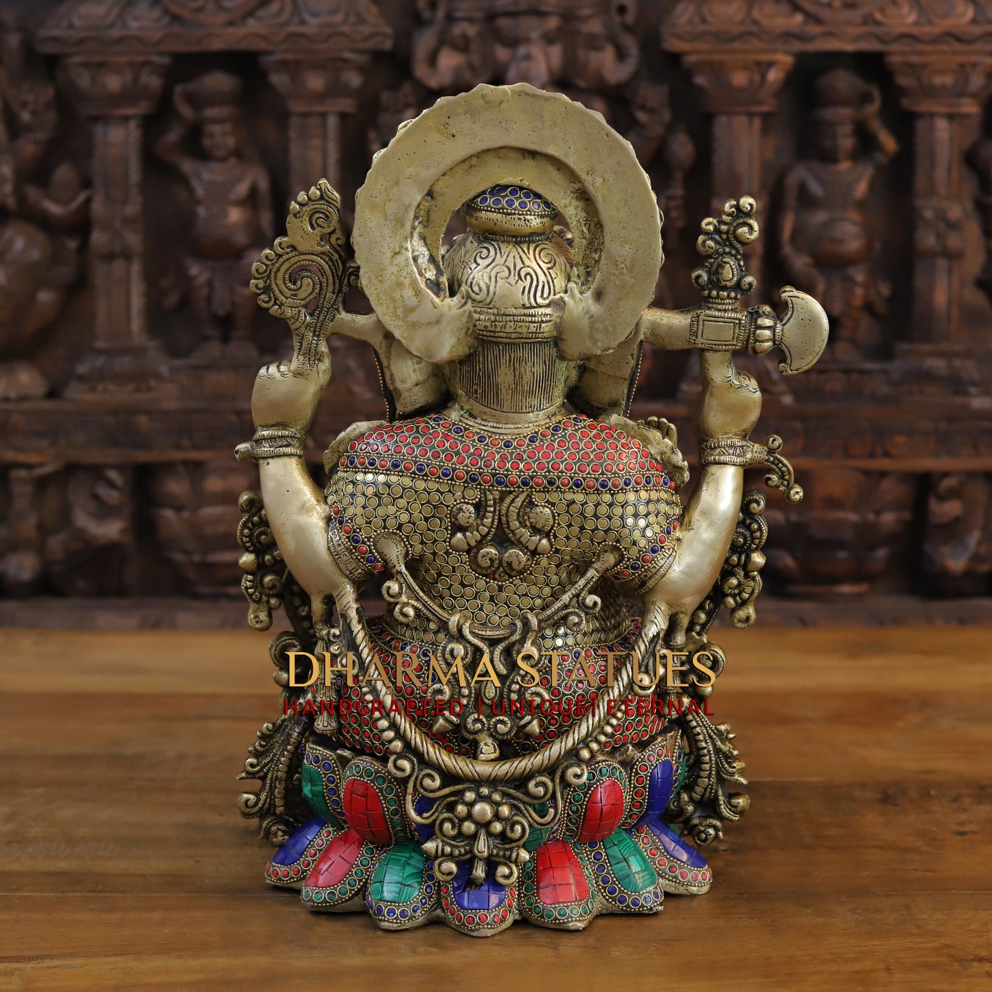 Brass Ganesh seated on Lotus, Blessing Posture, Golden & Stonework, 16"