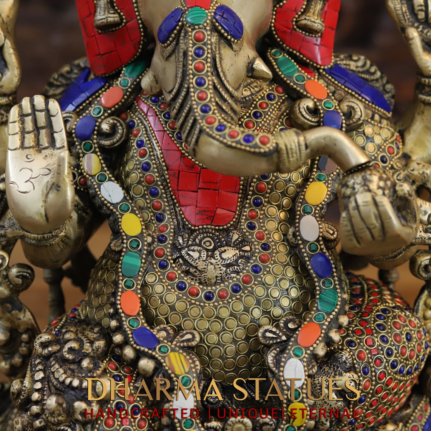 Brass Ganesh seated on Lotus, Blessing Posture, Golden & Stonework, 16"