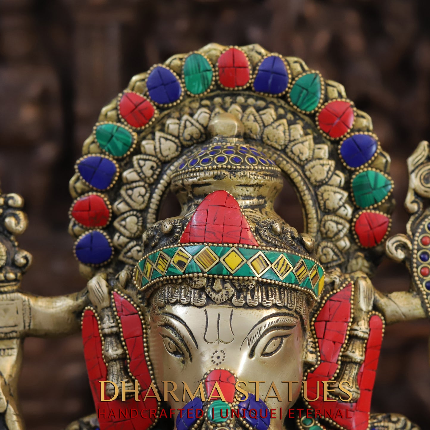 Brass Ganesh seated on Lotus, Blessing Posture, Golden & Stonework, 16"