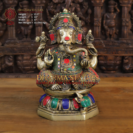 Brass Ganesh seated on Lotus, Golden & Stonework, 15.5"