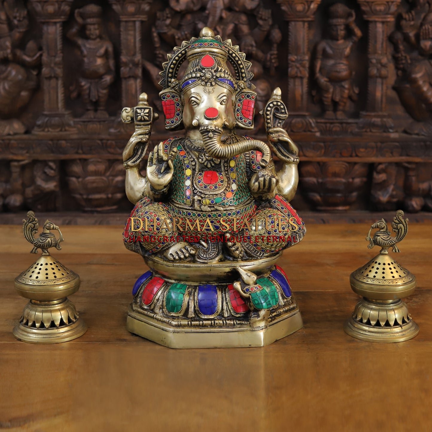 Brass Ganesh seated on Lotus, Golden & Stonework, 15.5"