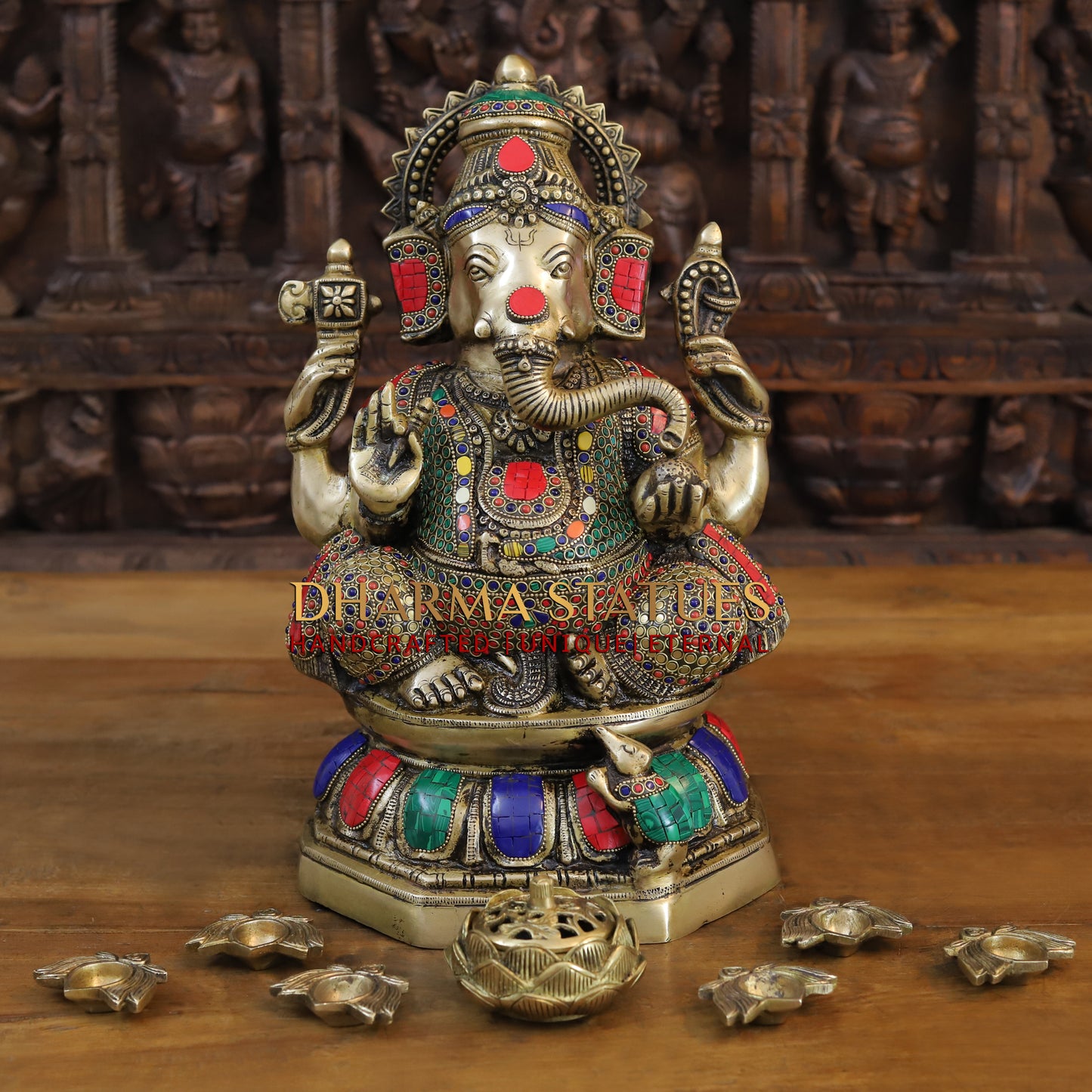Brass Ganesh seated on Lotus, Golden & Stonework, 15.5"