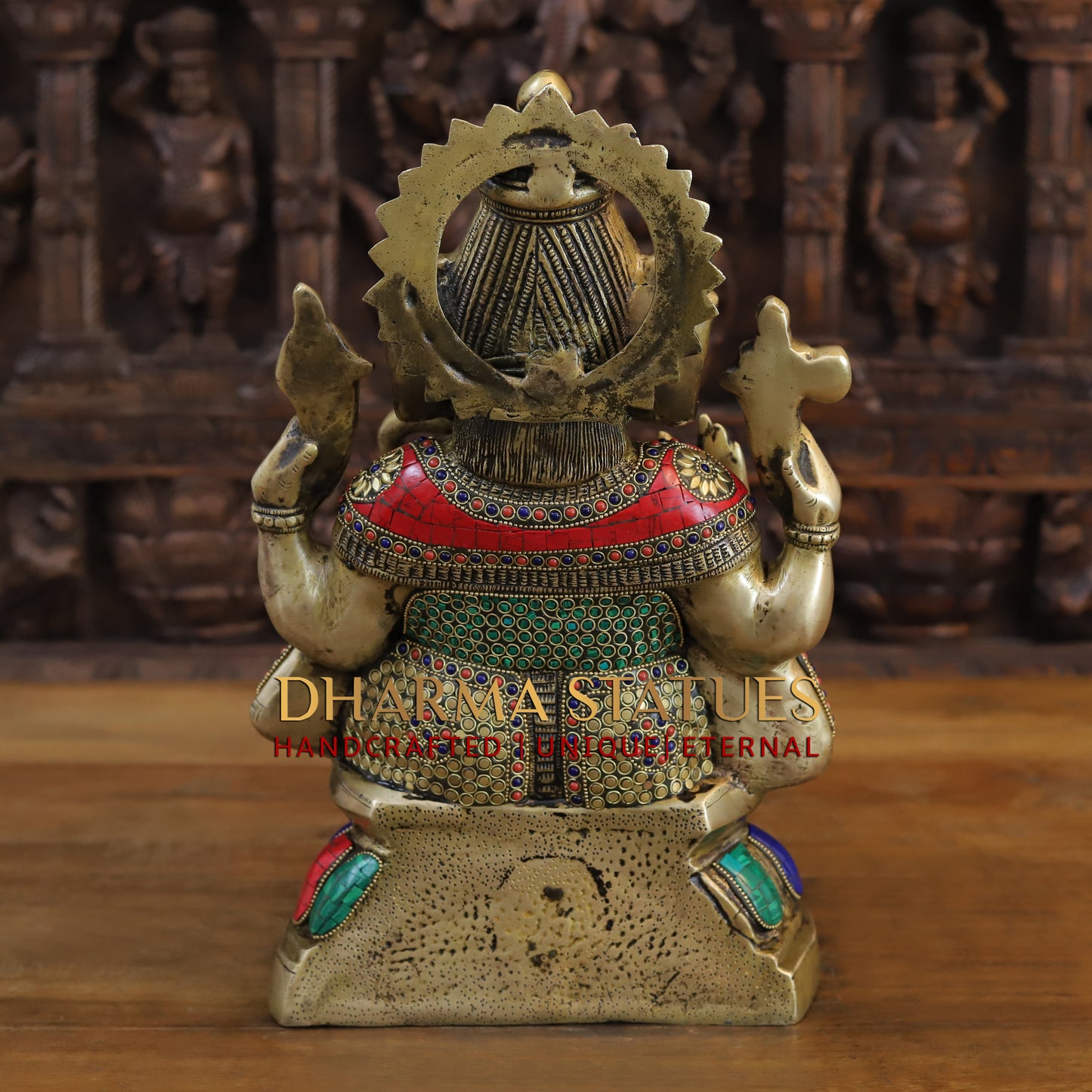 Brass Ganesh seated on Lotus, Golden & Stonework, 15.5"