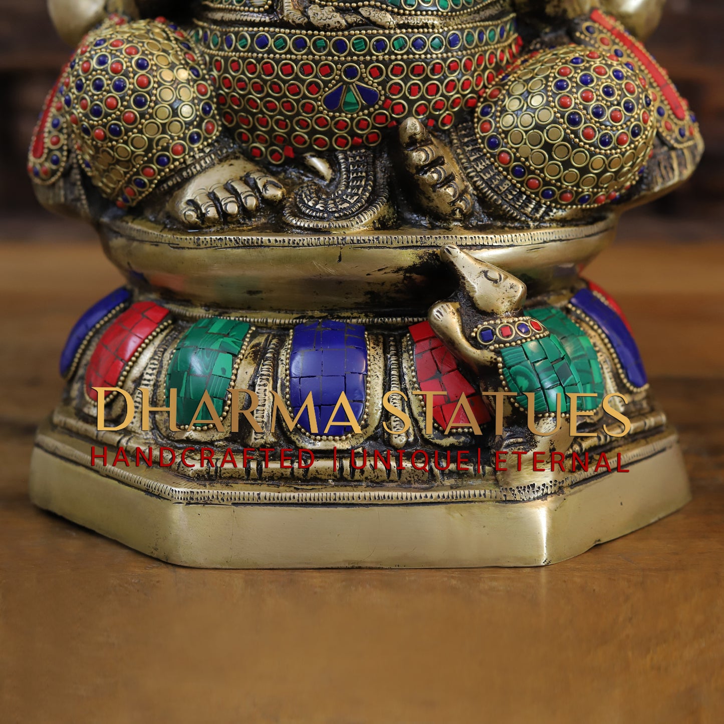 Brass Ganesh seated on Lotus, Golden & Stonework, 15.5"