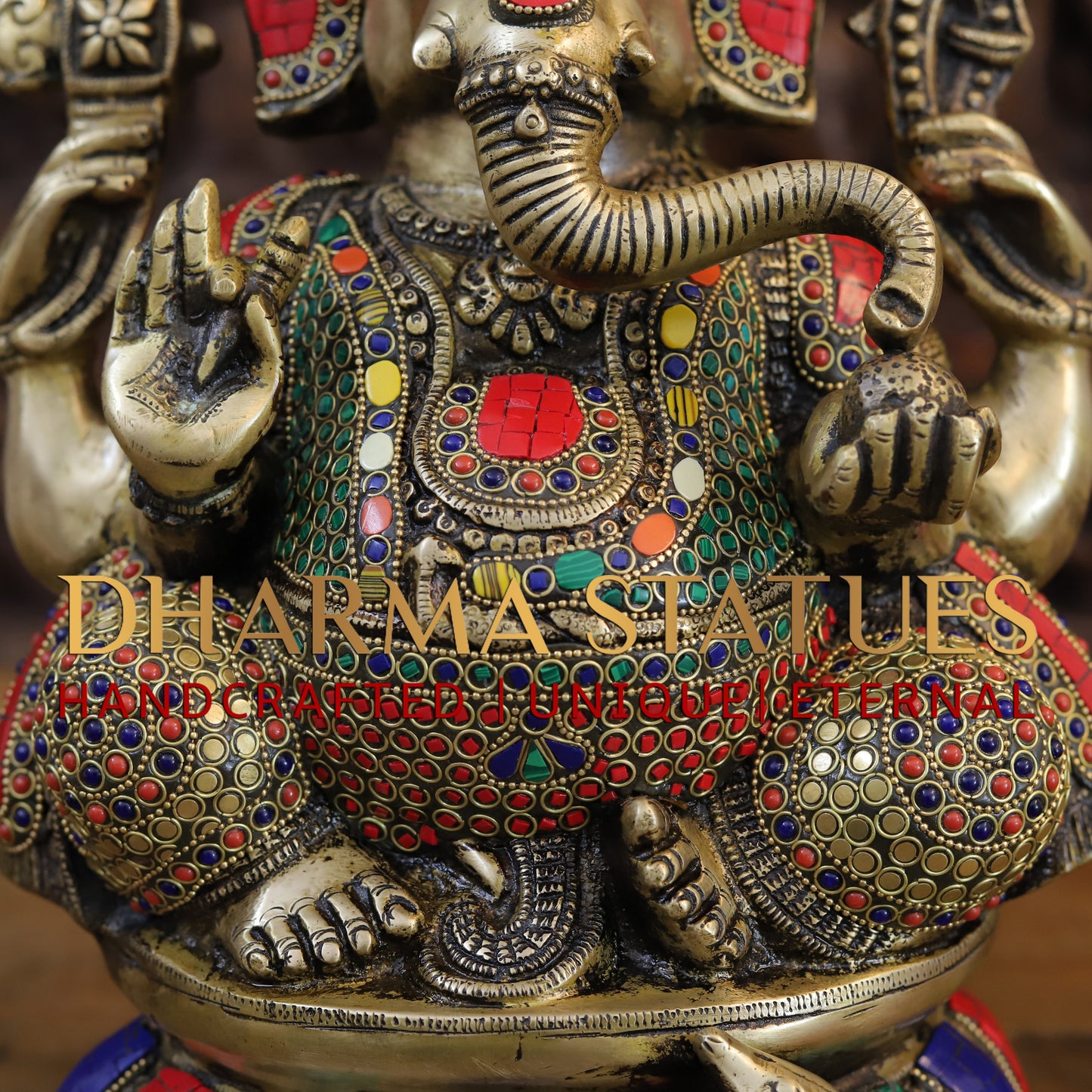 Brass Ganesh seated on Lotus, Golden & Stonework, 15.5"