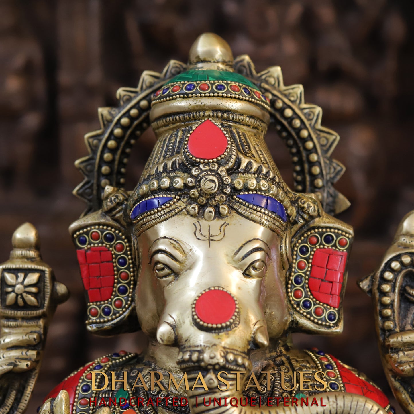 Brass Ganesh seated on Lotus, Golden & Stonework, 15.5"