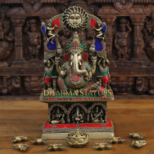 Brass Ganesh seated in Temple, Blessing Posture, Golden & Stonework, 19"